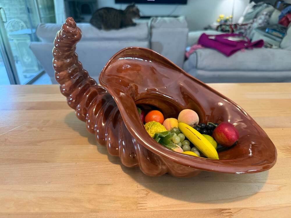 Vintage Large Brown Glazed Ceramic Cornucopia Horn of Plenty